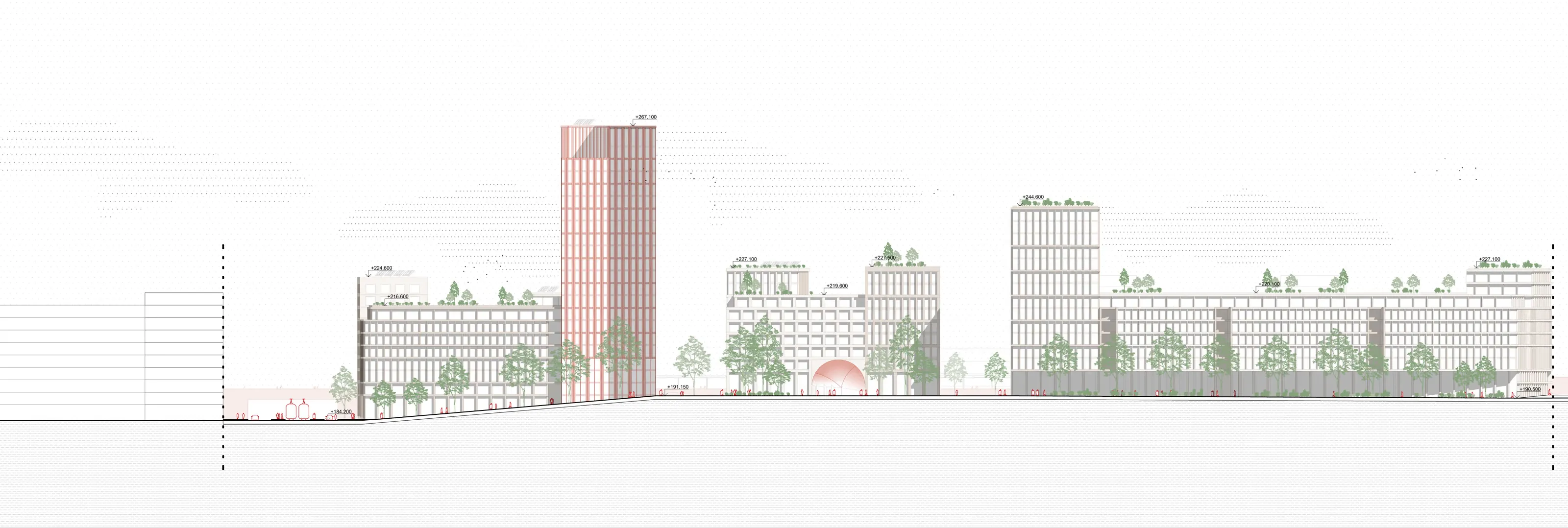 View from Vrbenského Street, competition proposal for Nové Holešovice, source: CHYBÍK + KRIŠTOF