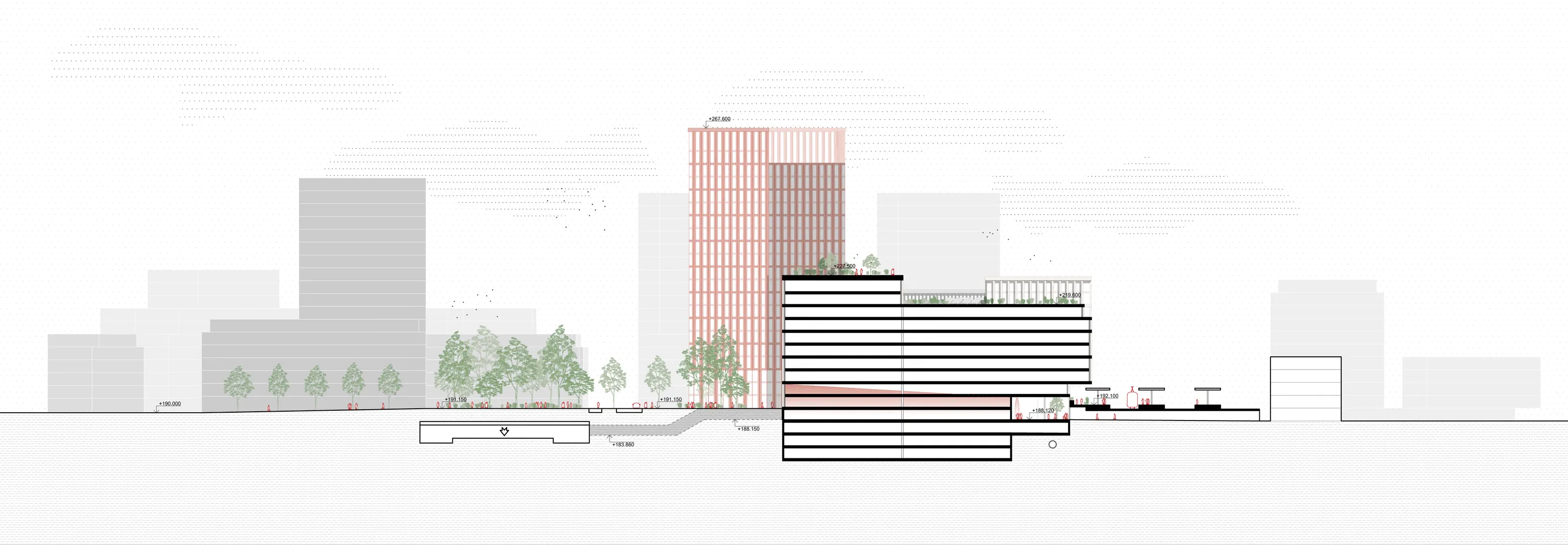 Section A–A, competition proposal for Nové Holešovice, source: CHYBÍK + KRIŠTOF