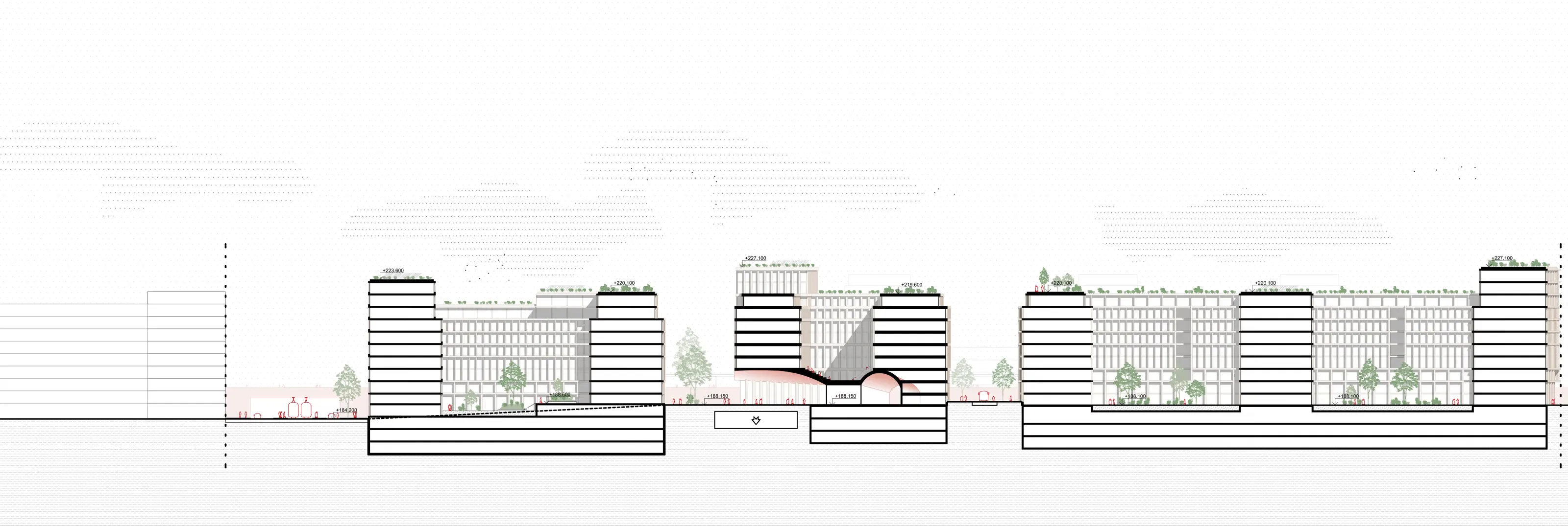 Section B–B, competition proposal for Nové Holešovice, source: CHYBÍK + KRIŠTOF