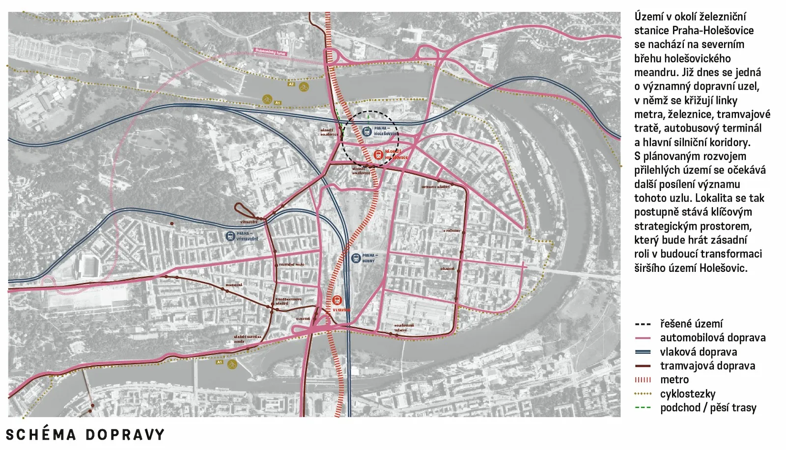 Transport links of the site — metro, rail, trams and cycle routes, map of the competition site, source: Competition context analysis
