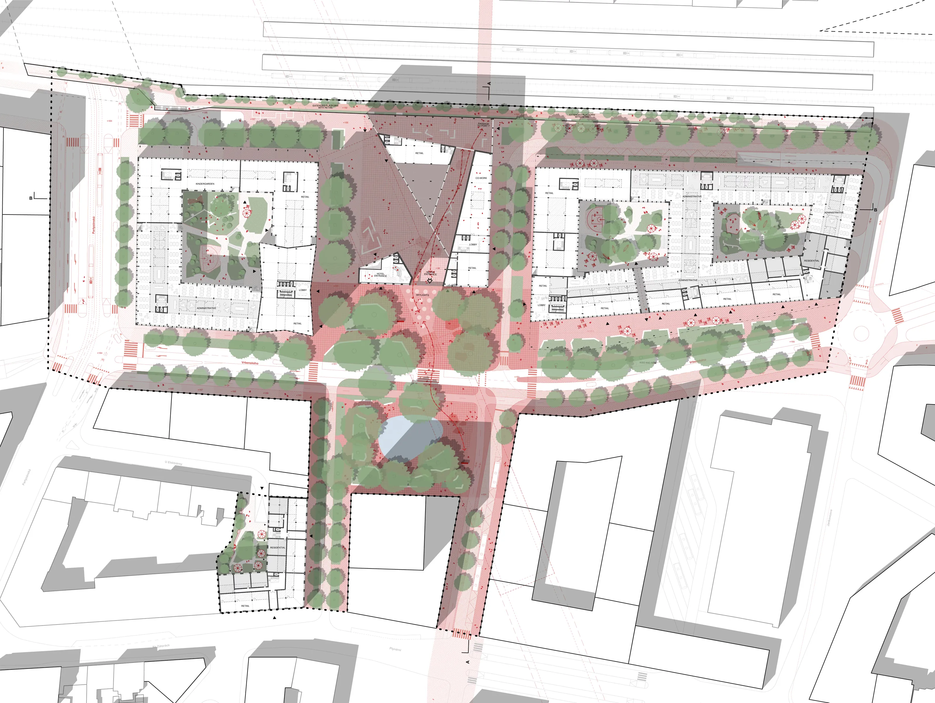 Site plan, competition proposal for Nové Holešovice, source: CHYBÍK + KRIŠTOF
